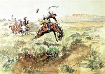 インディアナ カウボーイ Painting - ブロンコ・バスティング 1895 チャールズ・マリオン・ラッセル インディアナ州のカウボーイ